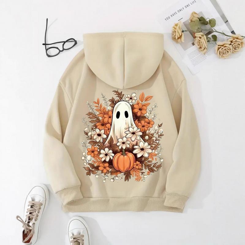 Ladies Spring Autumn Casual Hooded Long Sleeve Big Pocket Halloween Ghost Pumpkin Flower Printed Pullover Hoodies Sweatshirt Top