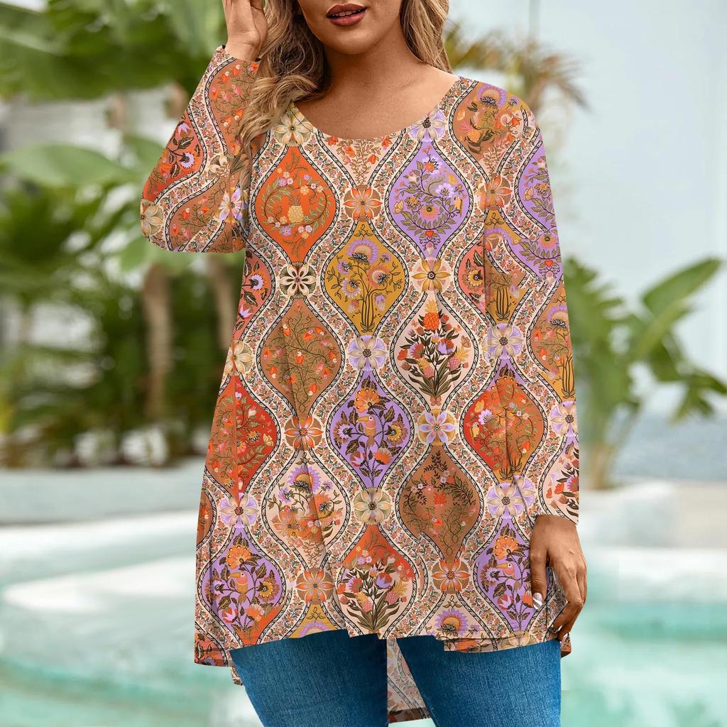 Women's Fashion Large Size Round Neck Long Sleeve Casual Print Loose Pullover Top