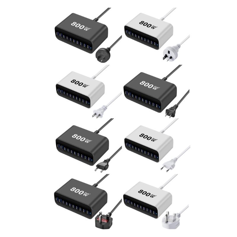 Intelligent Power Distribution 800W Charging Adapter 10 Port Design Metal Texture Suitable for Laptops and Phones