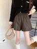 Kumikumi Design Women's PU Leather Wide-Leg Pants, High Waist, Elastic Waist, Autumn Style Slimming Shorts.