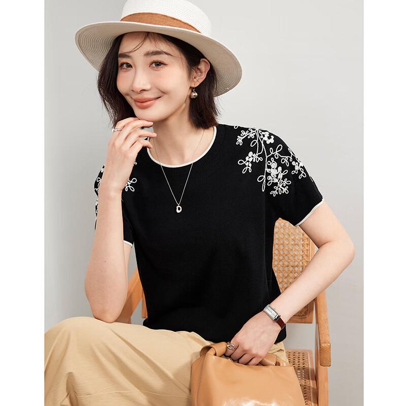 Wudao Women's Silk-Blend Embroidered Knit T-Shirt