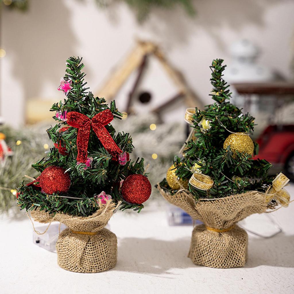 Small Christmas Tree With Lights 3 Pieces Artificial Plant With Burlap Base Little Christmas Tree For Bookshelf Birthday Party