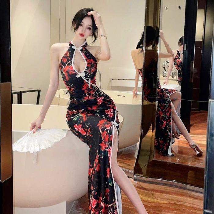 new sexy hollowed-out neck-hanging cheongsam showing thin high waist retro printing temperament long dress summer