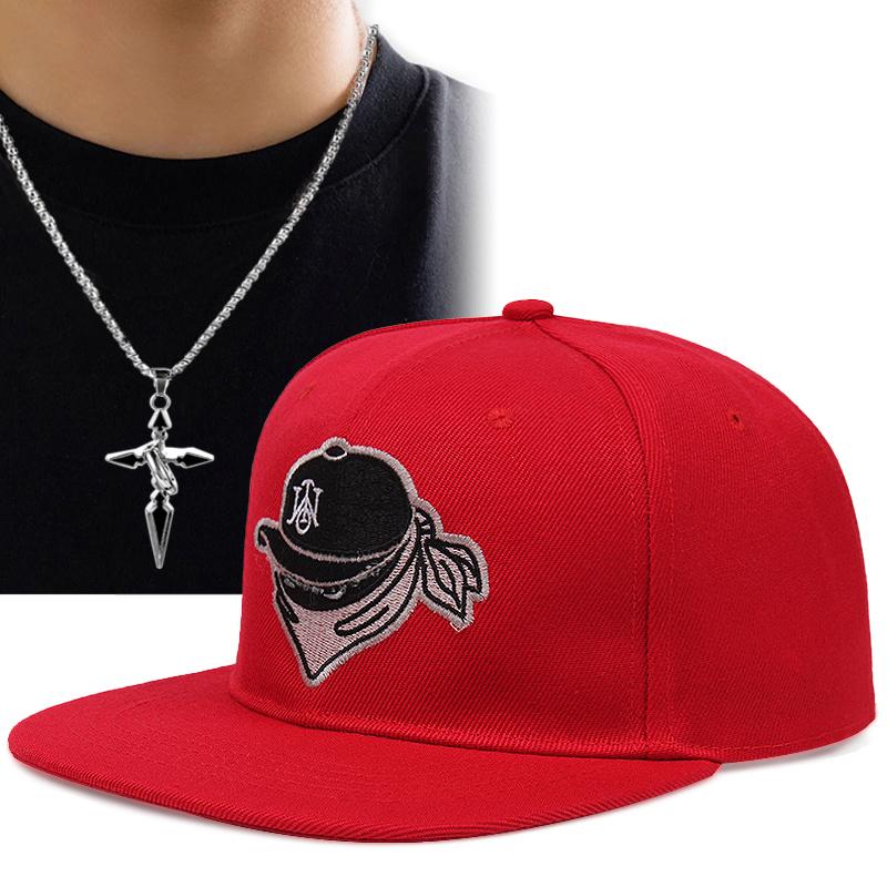 2pcs Embroidered Ninja Hip-hop Duck Tongue Cap Cross Pendant Necklace Set Sports Baseball Cap Fashion Leisure Men Women Couple Sun Protection Cap