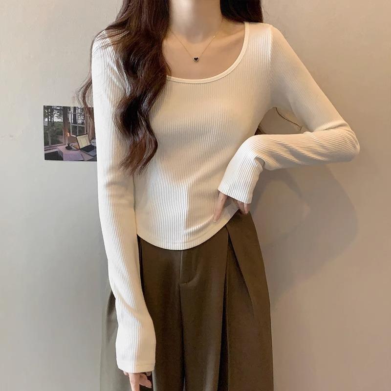 Right Shoulder U-neck Long-sleeved T-shirt for Women In Autumn and Winter, Curved Hem, Simple and Versatile Threaded Elastic Slim Bottoming Inner Top