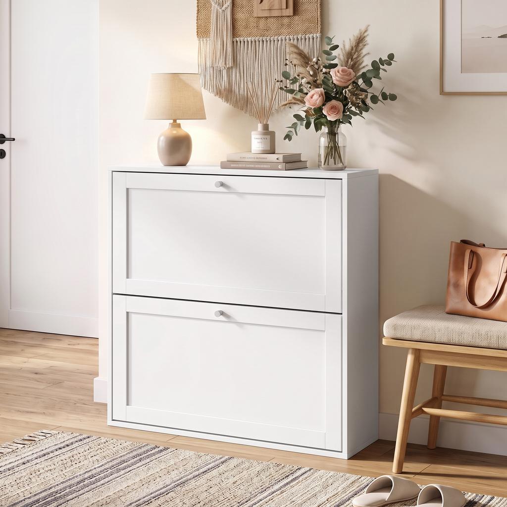 Shoe Cabinet With 2 Flip Compartments Adjustable Shelves For Up To 8 Pairs Of Shoes White
