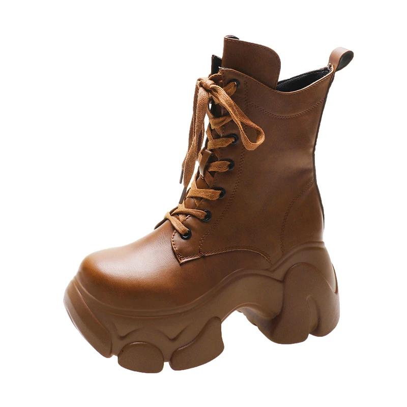 

2025 Новые 8 см ботильоны на массивной платформе женские осенне-зимние мотоботы женские на толстой подошве нескользящие кожаные ботинки-комбаты 37 коричневый