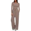 European & American Women's Solid Color Casual Sports Set: Long Sleeve Top & Wide-Leg Pants.