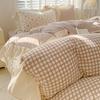 3pcs  Korean Lace Duvet Cover Set (1*Duvet Cover + 2*Pillowcase, Without Core), Pink Checkered Print Bedding Set