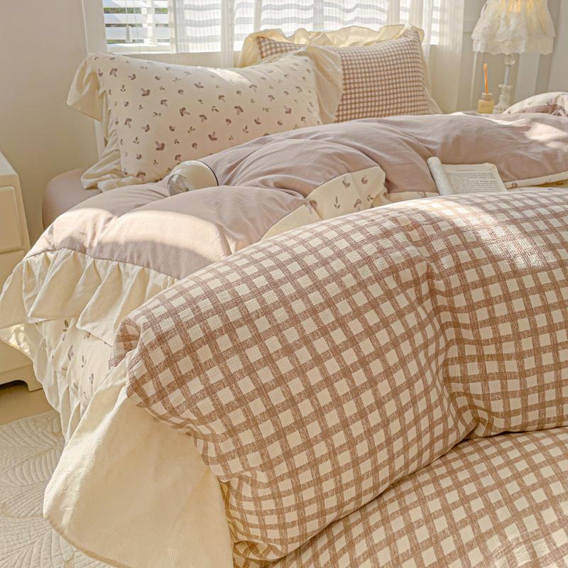 3pcs  Korean Lace Duvet Cover Set (1*Duvet Cover + 2*Pillowcase, Without Core), Pink Checkered Print Bedding Set