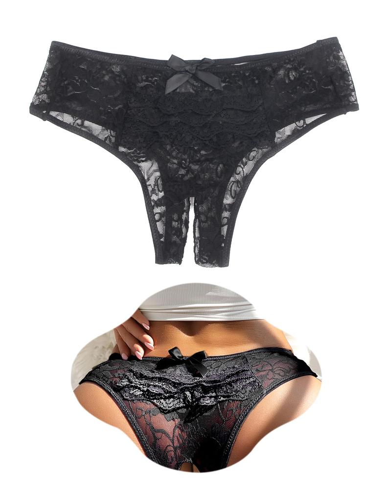 OhyeahLady Plus Size Sexy Crotchless Panties with Ruffles and 2XL Women's See-Through Ribbons, Black,