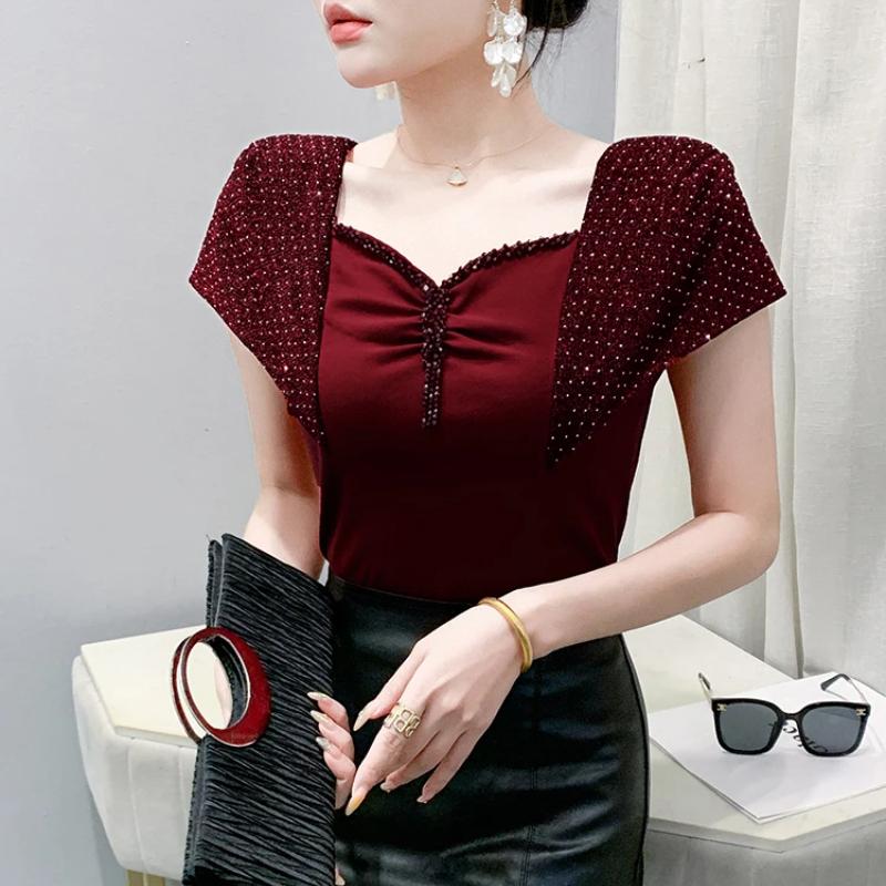Summer Cotton Tops Streetwear Girl Sexy Square Neck Beading T-shirt Women's Shiny Diamonds Tees