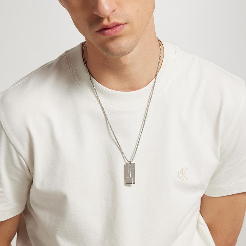 Calvin Klein Stylish Series Charming Trendy Lobster Clasp Small Square Tag Steel Necklace Men's 31885495 LX001795-000-steel color OS