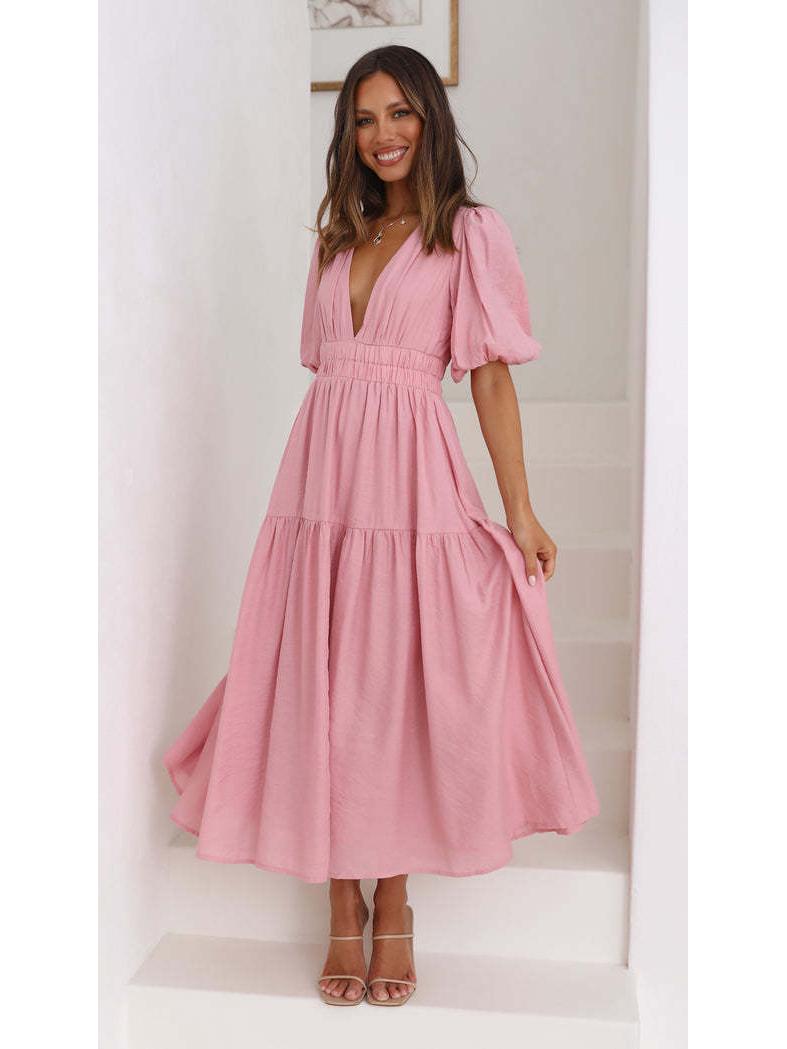 

Летнее однотонное миди-платье с V-образным вырезом и пышными рукавами для женщин, 2025 Small