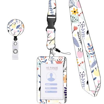 360 Degree Rotatable Working Cards Holder Necklace Strap Flower Flower Print Badge Holder Vertical 5 Colors
