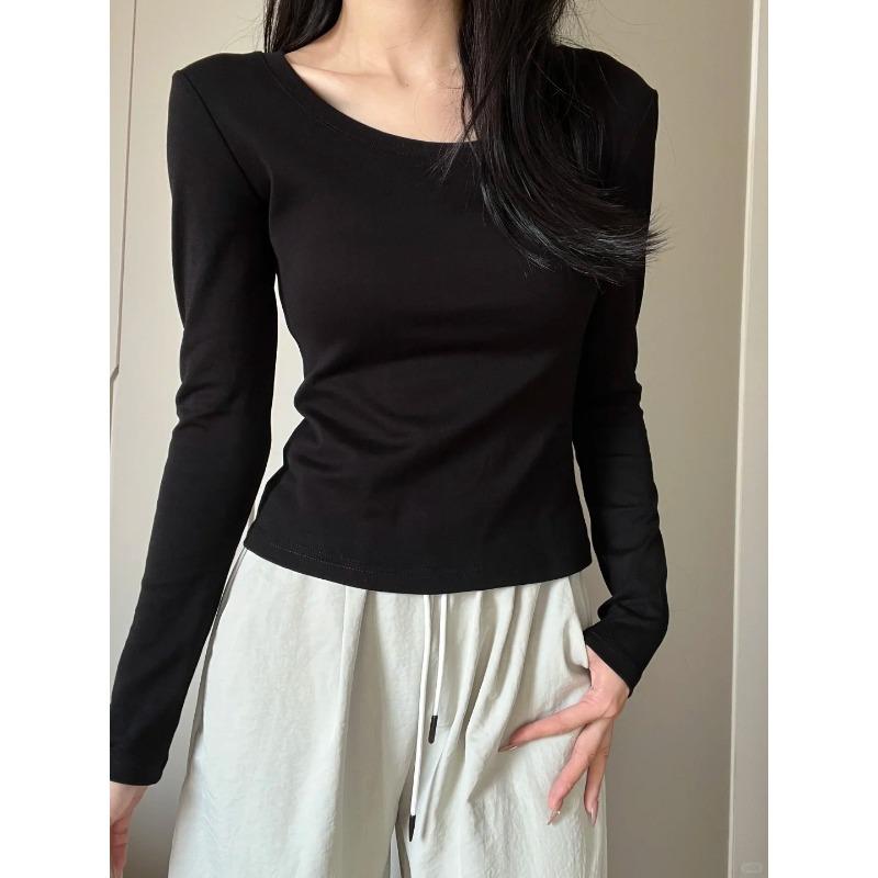 

U-neck front shoulder bottoming shirt spring thin velvet polished long-sleeved T-shirt women s simple basic inner top XL чорний