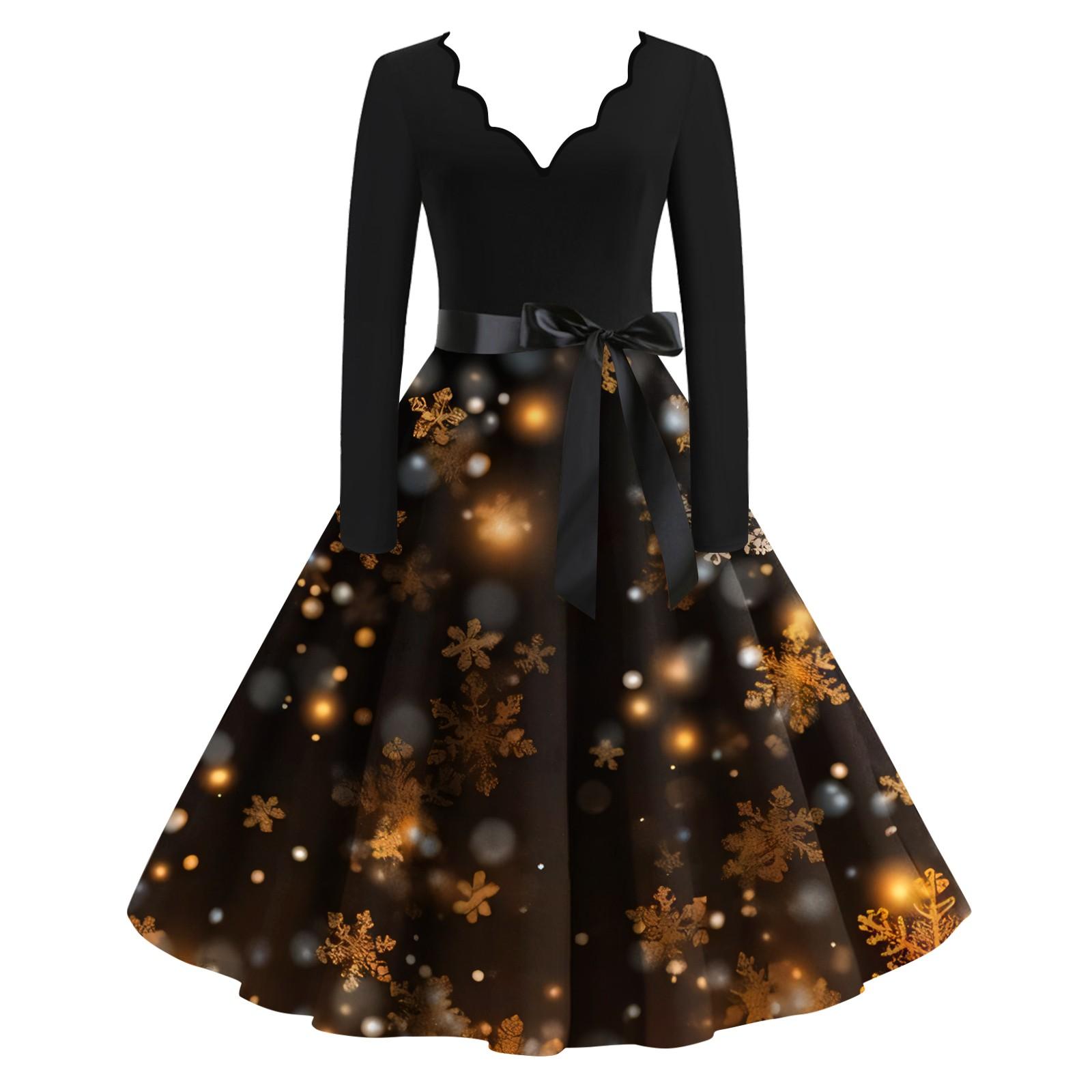 

Women s Christmas Snowflake Print Contrast V-neck Slim Fit Long Sleeve Swing Dress XXL помаранчевий