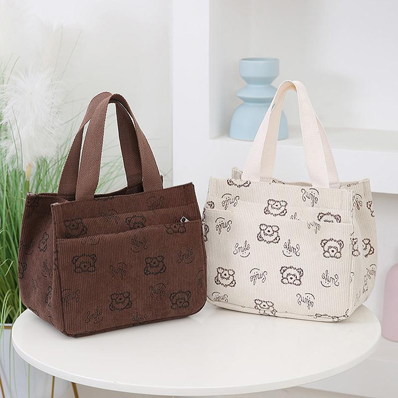 Cute Cartoon Printed Corduroy Versatile Handbag Office Worker Lunch Bento Tote Bag