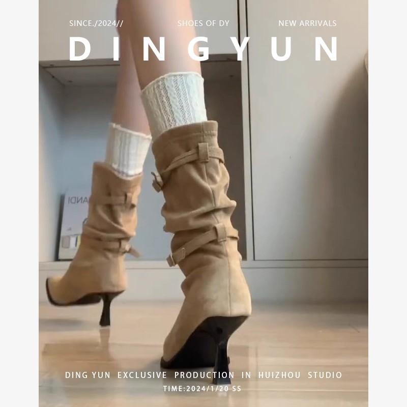 2025 autumn and winter new fashion versatile pointed heel suede French high heel thin short boots women's buckle belt