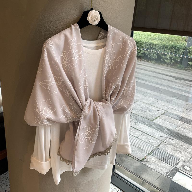 Silk Scarf Women'S Summer National Style Retro Versatile Three-Dimensional Printing Long Yarn Air Conditioner Scarf Cotton And Linen Feel Sunscreen