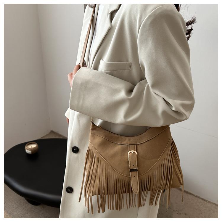 Korean Style Suede Faux Leather Square Bag Tassel Fringe Crossbody Shoulder Purse for Women