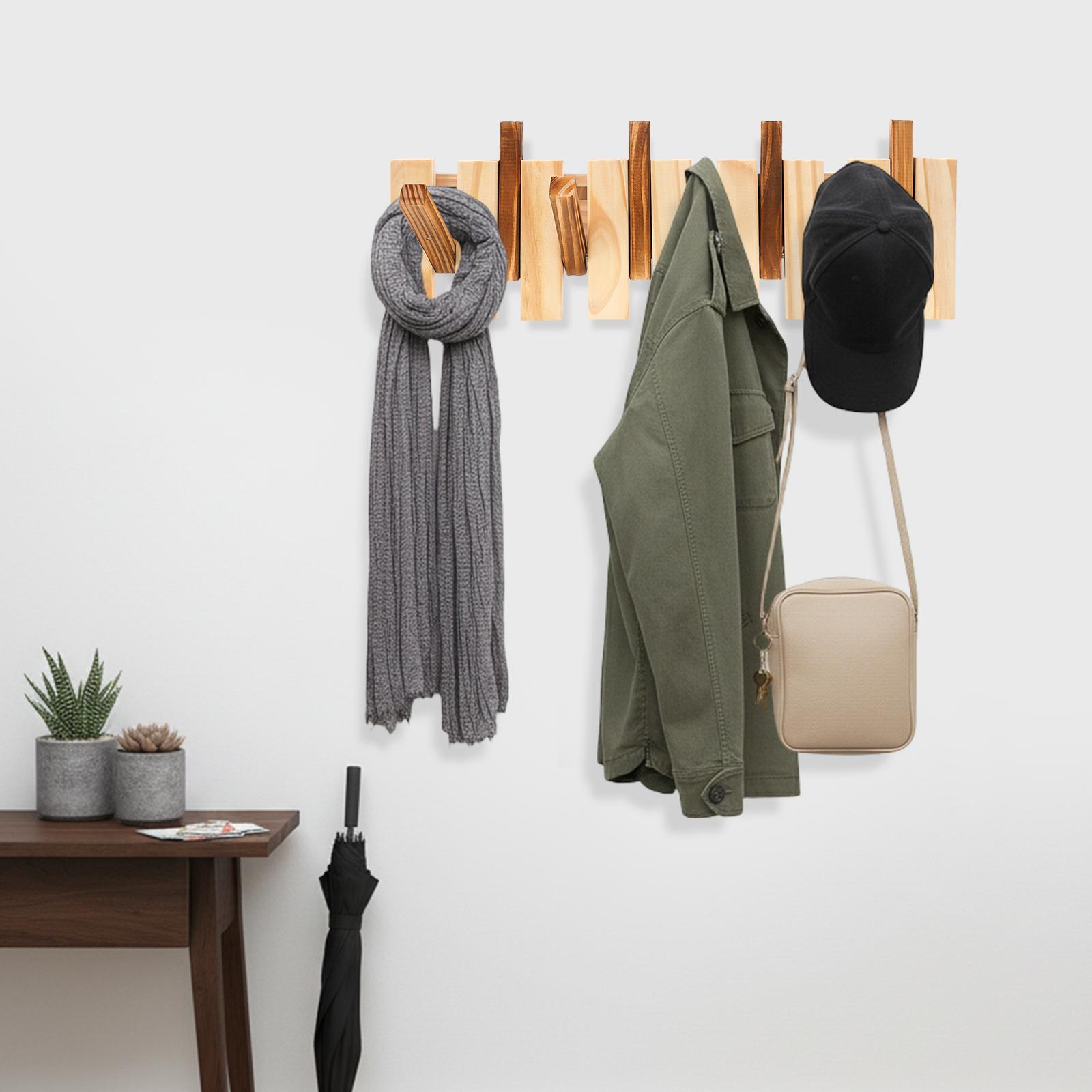 

Stylish Wall-Mounted Coat Rack, Solid Pine Wood Hanger w/ 8 Sturdy Hooks - Carbonized Finish, Modern Entryway Organizer 50x18cm