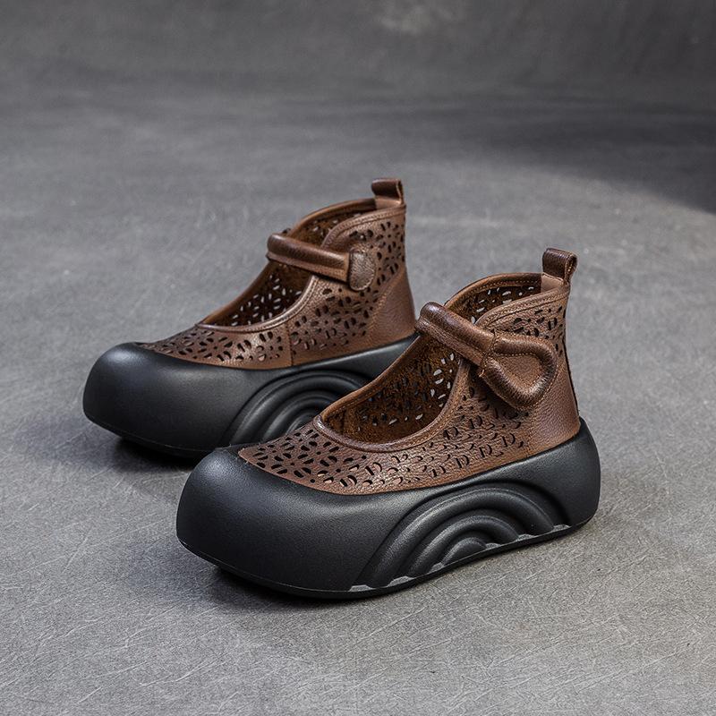 Johnature Sandálias de couro legítimo com sola grossa romanas respiráveis e plataforma plana feminina