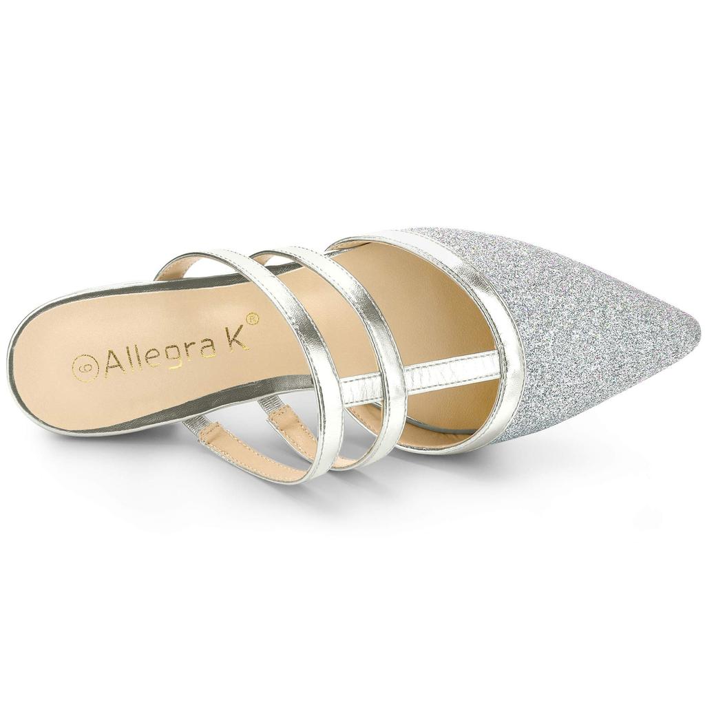 Allegra K Women's Silver Pointed Toe Mules with Low Heels, Size 26.0cm, T-Strap Flats