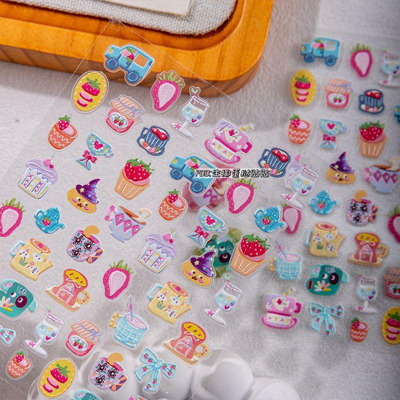 Cyan Sea Cartoon Graffiti Relief 3D Nail Art Stickers with Cute Bow Design