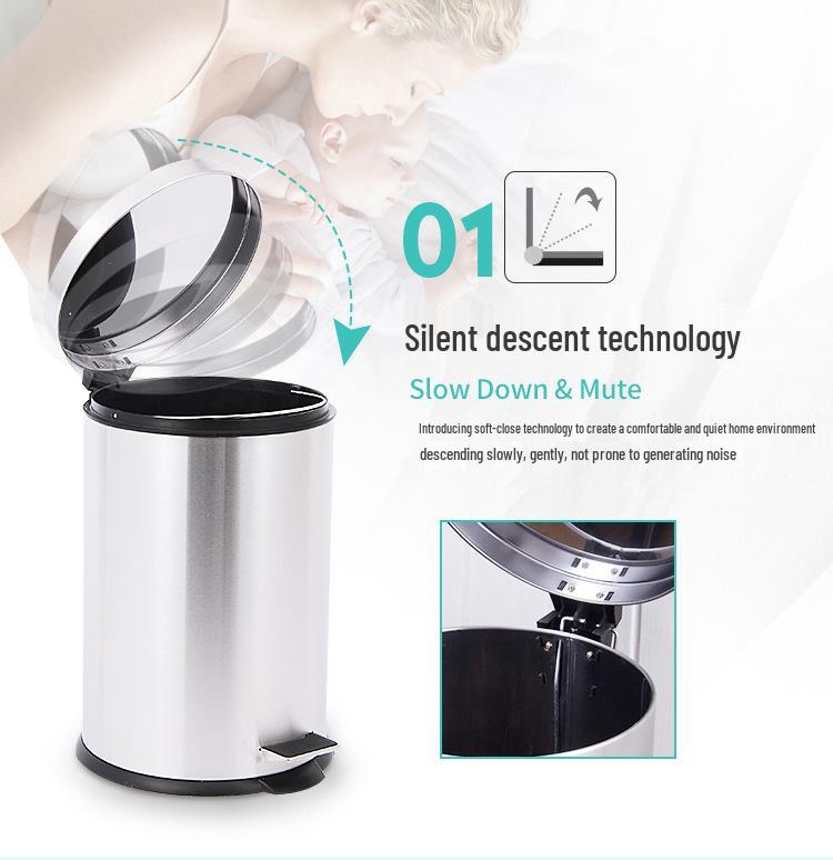 Stainless Steel Flip-Top Trash Can: Silent, Soft-Close, Foot-Operated Bin for Bathroom or Kitchen.