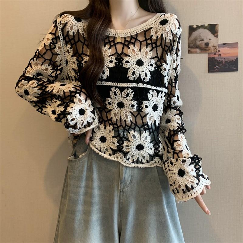 Women Fashion Retro Cotton And Hemp Printing Lapel Long Sleeves Shirt Tops