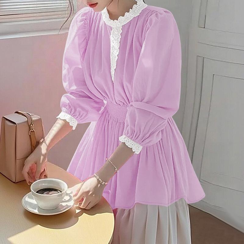 ZANZEA Women Lace Splice Stand Collar Casual Long Sleeve Blouse