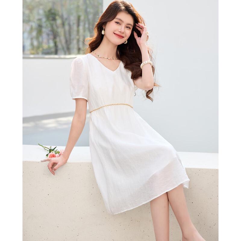 Sanpowa Women's V-Neck Midi Dress with Fitted Waist