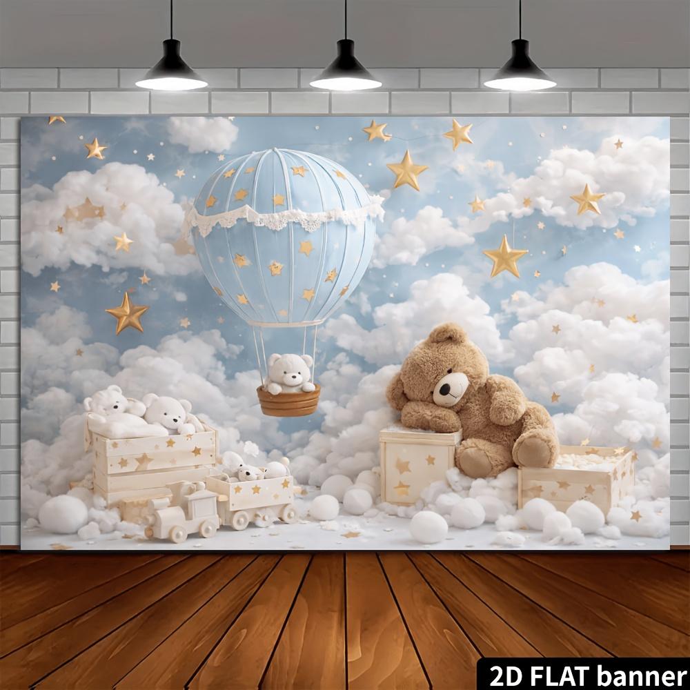 2D Featuring Blue and White Hot Air Balloons Teddy Bears and Trains with a Blue Sky and White Clouds As the Background