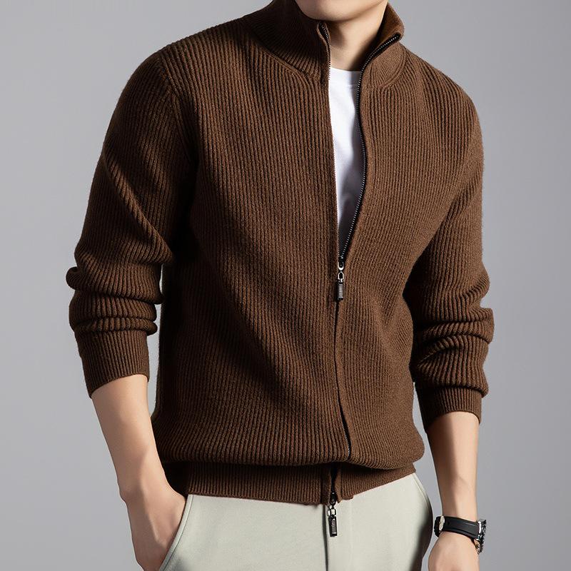 Men's Stand Collar Wool Cardigan Sweater - Casual Zipper Jacket for Autumn/Winter