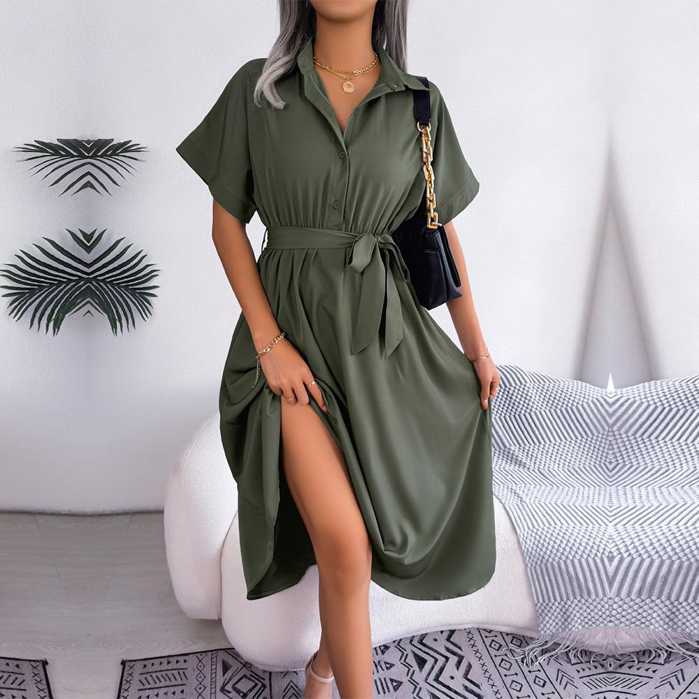 Women New Spring Summer Casual Loose Solid Color Lace Up Shirt Skirt Lapel Neck Button Dress