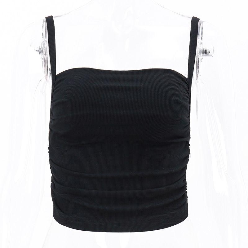 Fashionable Simple Sexy Off Shoulder Pleated Camisole Women's Summer Slim Midriff Baring Short Top