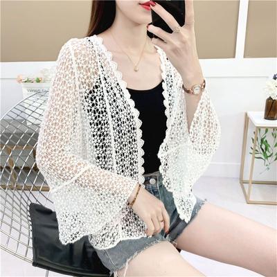 Boho Hollow Crochet Floral μανίκια 3/4 Ανοιχτό εμπρός Croped Cardigan Γυναικείο Κομψό Διχτυωτό Πουλόβερ Κάλυμμα Πλεκτό Δαντέλα Shrug Plus Size