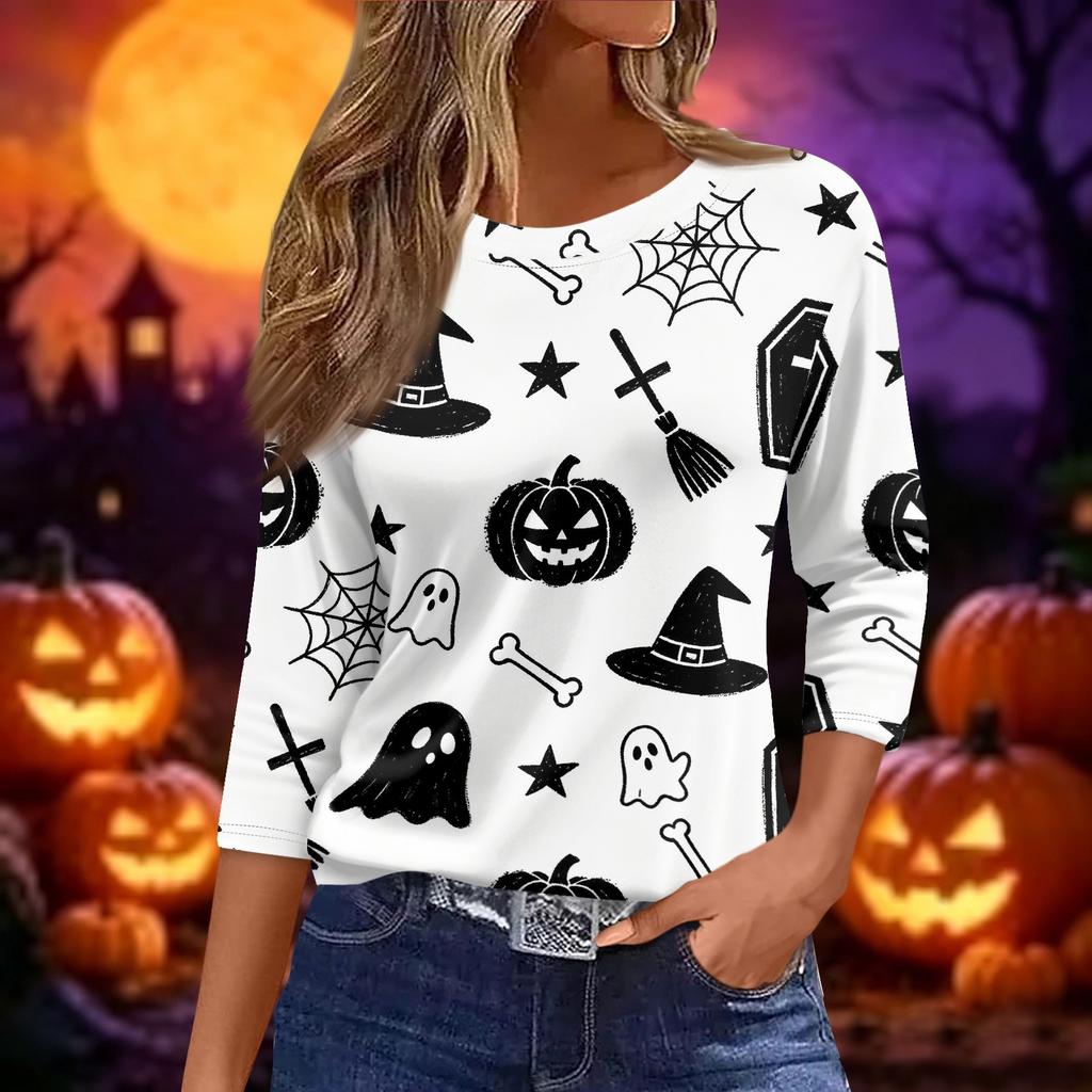 Women's Halloween Print 3/4 Sleeve Loose Fit Casual Round Neck Shirt Pumpkin Candy Pattern Top for Fall Seasonal Wear