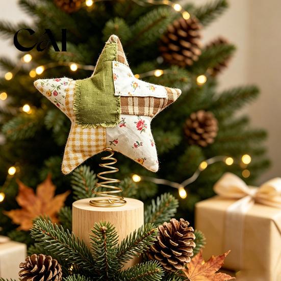 Christmas Tree Topper Star Topper, Patchwork Plush Stuffed Xmas Decor Ornament for Winter Holiday Party Home Pink Green