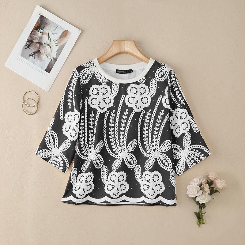 ZANZEA Bluză de vară cu mânecă scurtă și guler rotund pentru femei, casual, cu imprimeu