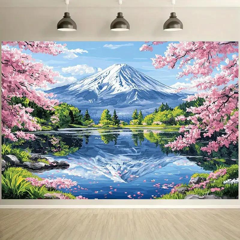 2D plane, cherry blossom with Mount Fuji background cloth, cherry blossom, lake reflection, suitable for party, polyester 100x150cm