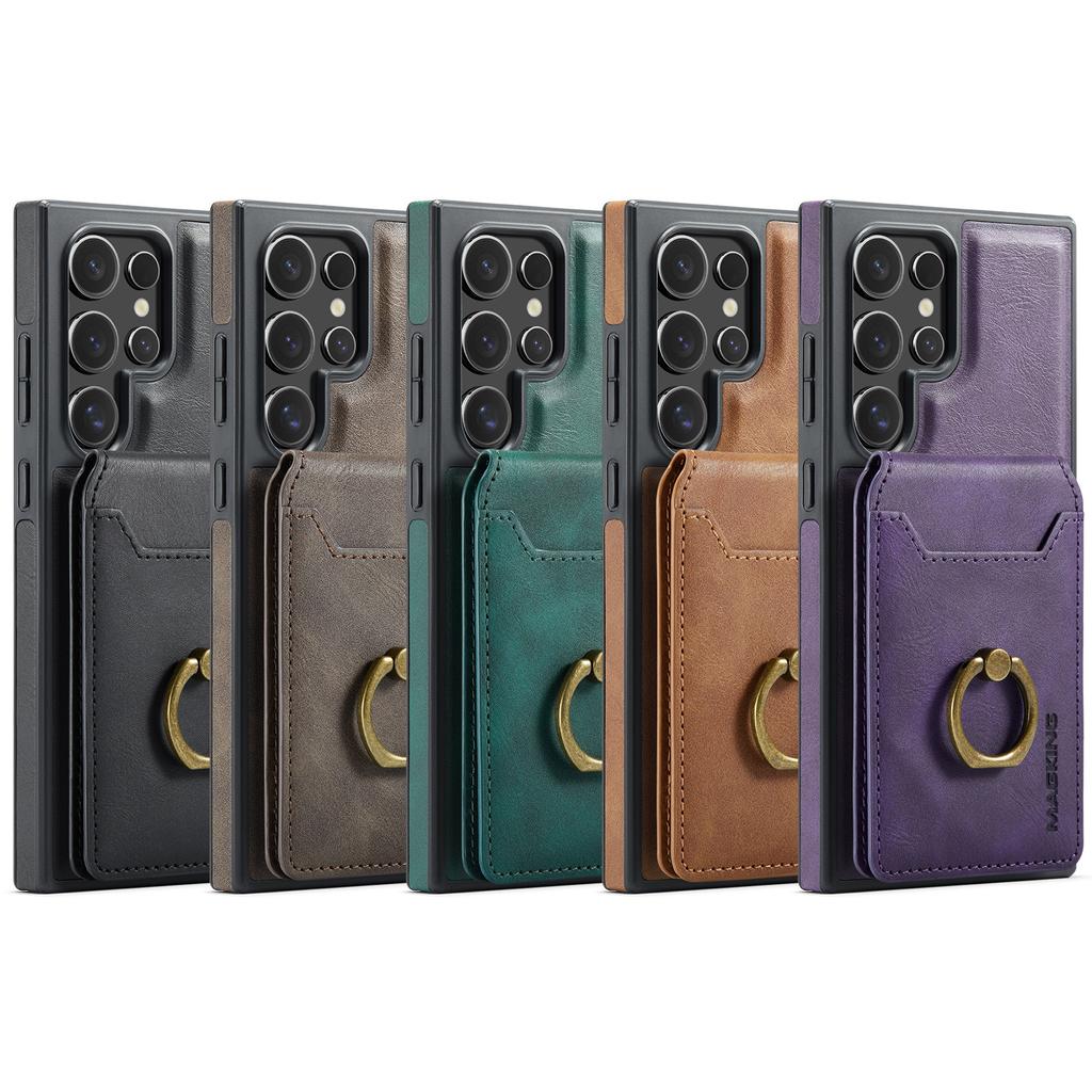 Leather for Magsafe Phone Case for Samsung Galaxy S26 S24 S23 S25 Ultra S26 Plus FE Bracket Magnetic Cover with Card Holder LK1
