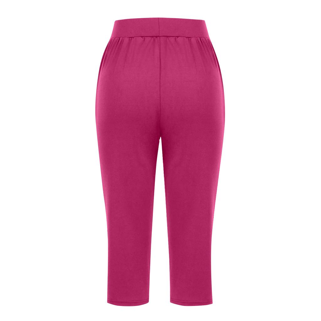 Women Elastic High Waist 3/4 Pant Casual Fit Wide Capris Leg Pants Trousers With Pockets