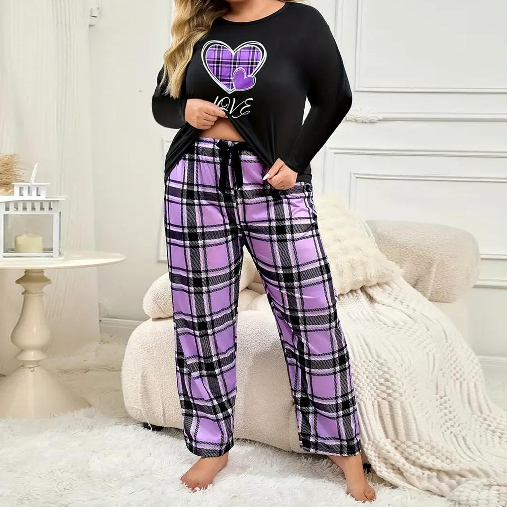 Spring Autumn Plus Size 3XL 4XL Loungewear Set Large-size Women's Pajamas Set Casual Purple Plaid Pyjamas Female Sleepwear Woman