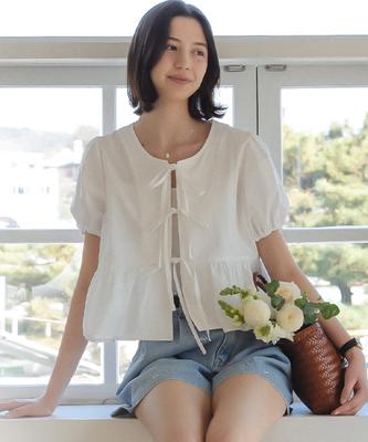Tilaidai Front Ribbon Point Blouse_Ivory