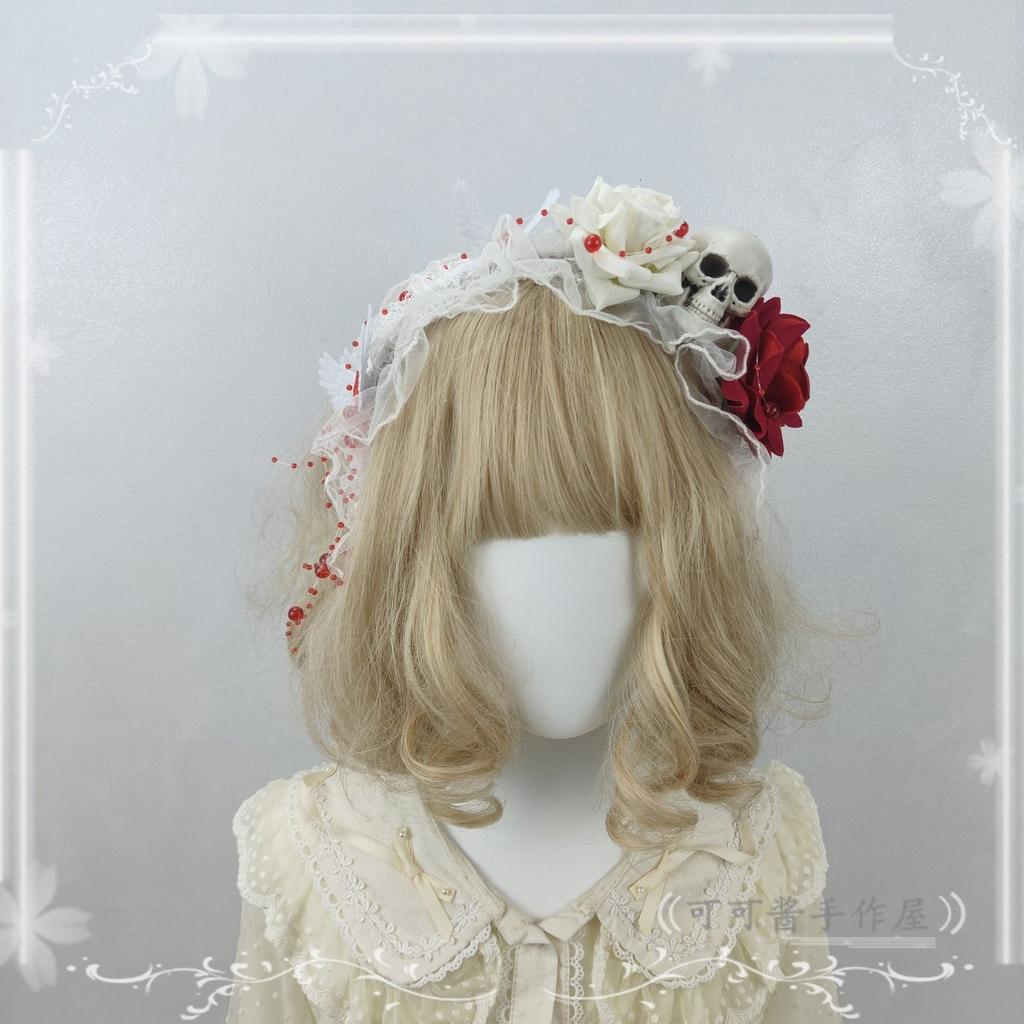 Original Handmade Halloween Ghost Bride Cos Dress Up Hair Accessories White Lace Veil Blood Drop Mesh Flower Women's Headdress