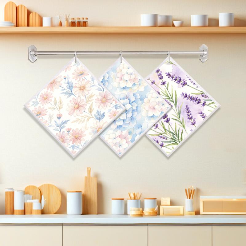 

6PCS Cleaning Dishcloths Reusable Kitchen Dish Towels Lavender Flowers Print Dishcloth Absorbent Lint Free Cloth Washable Duster Rags Tea Towels B 3 PCS