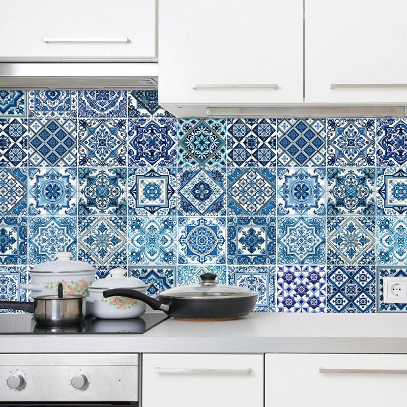 Portuguese Tile Stickers 24pcs Antique Portuguese Design Tile Stickers Self-Adhesive Waterproof Self-Adhesive Vintage Tile Peel