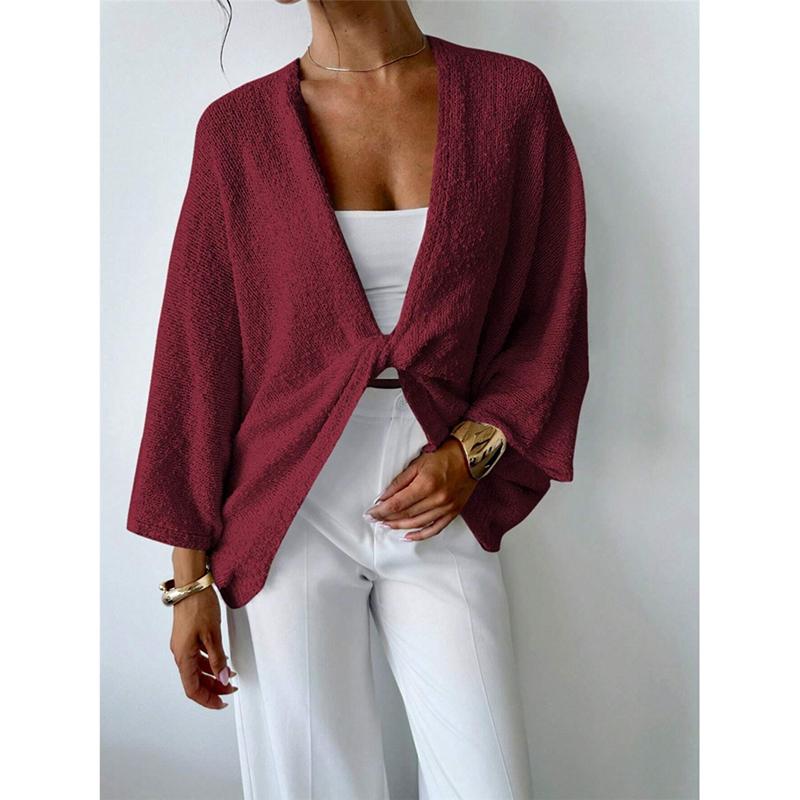 

Свитер с перекрестной вязкой для женщин, однотонный, с глубоким V-образным вырезом, с длинным рукавом, свободный, короткий топ, осенняя элегантная женская повседневная верхняя одежда M вино красного